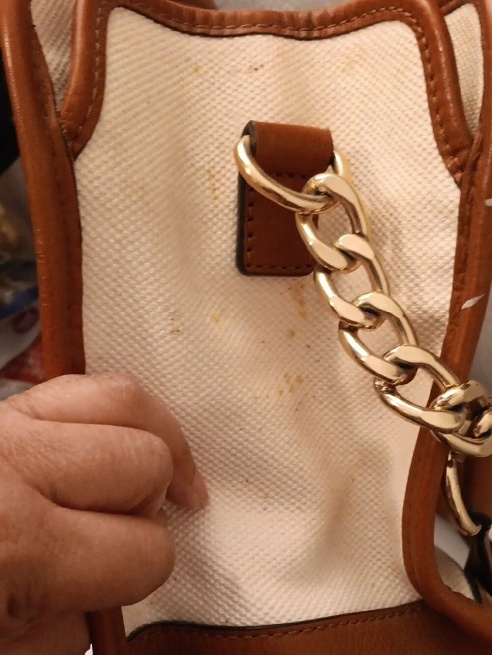 Michael Kors Preloved Canvas Satchel with Pink Center Stripe and Brown Trim